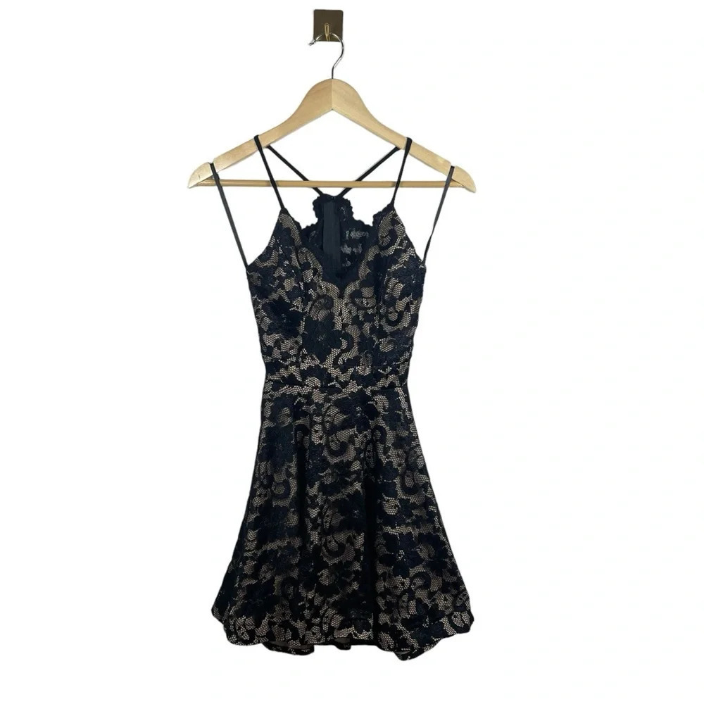 B Darlin Black Lace Nude Strappy Open Back Fit Flare Mini Dress 1/2